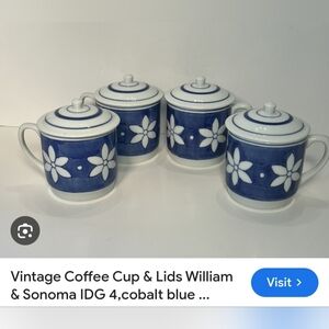 William & Sonoma Blue and White Coffee Cups with Lids